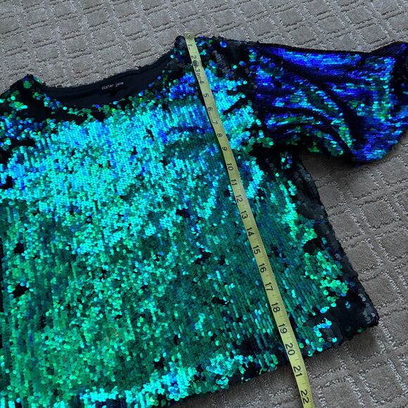 Sister Jane Sequin Boxy Crop Top Women's Medium Green Black Mermaid Concert - Picture 7 of 9